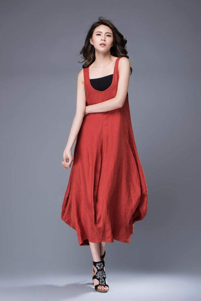 Red Linen Dress - Free-Style Casual Loose-Fitting Tulip-Shaped Everyday Modern Contemporary Unique Designer Dress C888