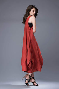Red Linen Dress - Free-Style Casual Loose-Fitting Tulip-Shaped Everyday Modern Contemporary Unique Designer Dress C888