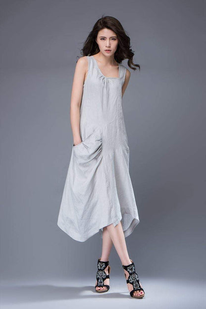 Gray Linen Dress - Sleeveless Asymmetrical Pale Grey Feminine Summer Dress with Large Pockets C889