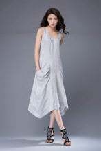 Load image into Gallery viewer, Gray Linen Dress - Sleeveless Asymmetrical Pale Grey Feminine Summer Dress with Large Pockets C889
