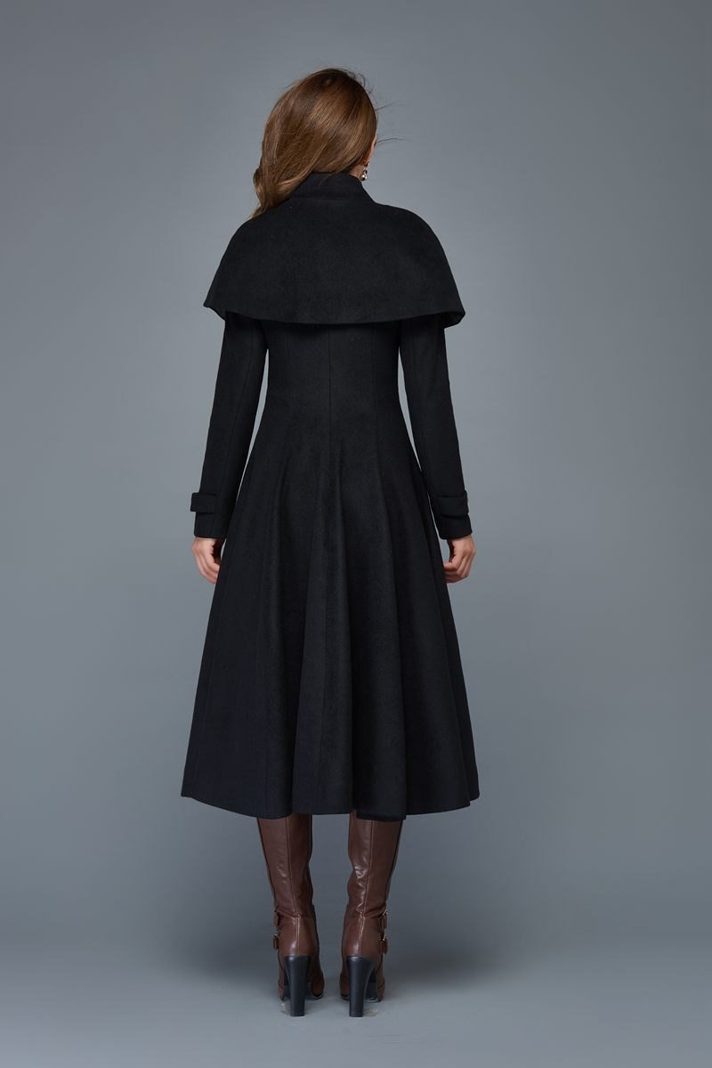 Women's Black Capelet Wool Coat C957