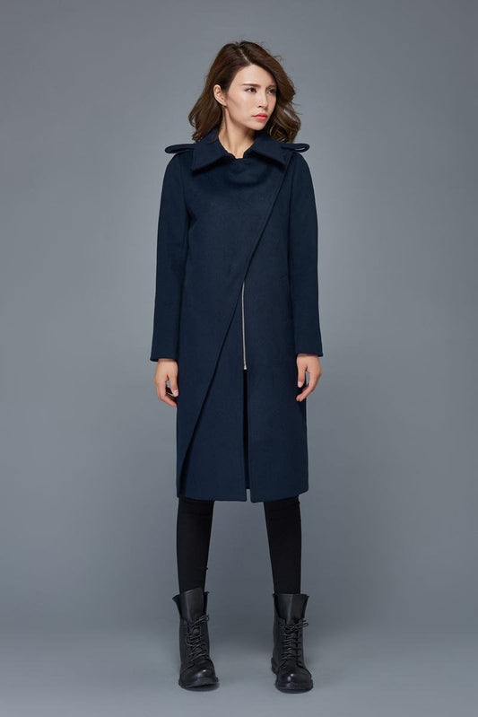 Winter coats for women, navy blue wool coat, mid length coat, unique coat, warm jacket, womens coats, zipper coat, custom jackets C973