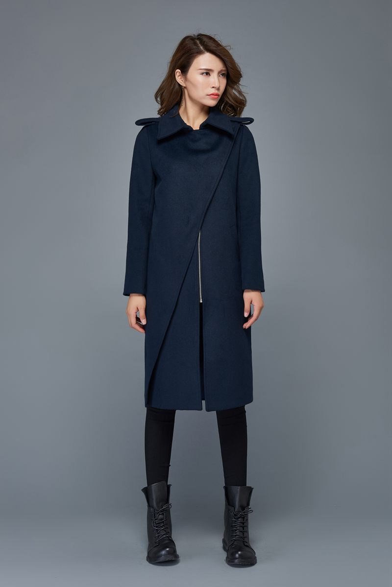 Winter coats for women, navy blue wool coat, mid length coat, unique c –  Ylistyle