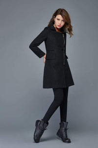 women's jackets, wool coat, winter coat, warm coat, black peacoat, asymmetrical coat, winter warm jacket, short jacket, zipper coat C981