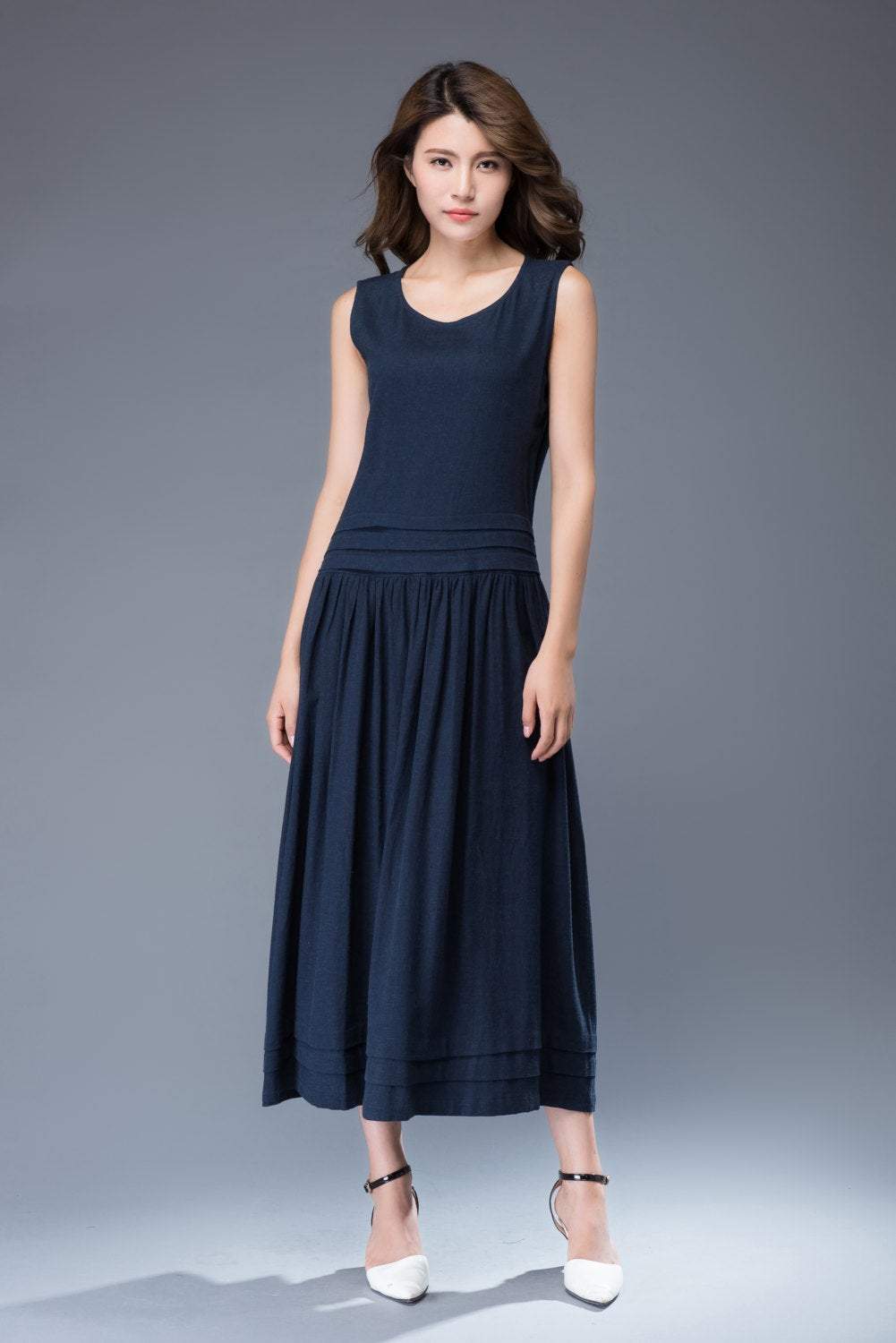 Linen Maxi Dress – Plain Classic Navy Blue Long Sleeveless Fitted Fit & Flare with Bow Tie at the Back and Pockets C938