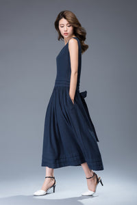 Linen Maxi Dress – Plain Classic Navy Blue Long Sleeveless Fitted Fit & Flare with Bow Tie at the Back and Pockets C938