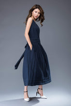 Load image into Gallery viewer, Linen Maxi Dress – Plain Classic Navy Blue Long Sleeveless Fitted Fit &amp; Flare with Bow Tie at the Back and Pockets C938
