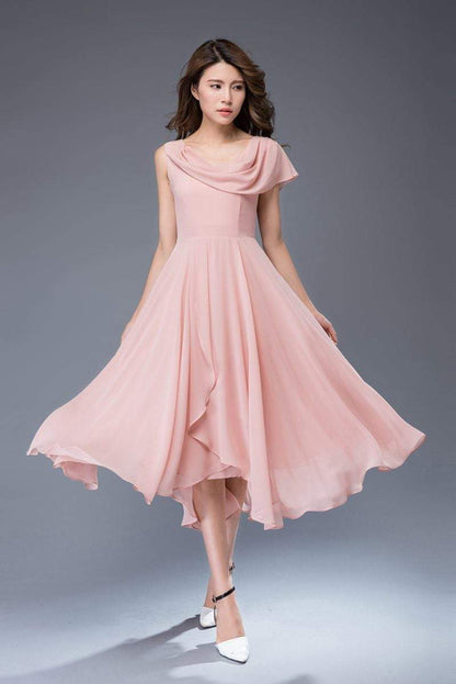 Pink bridemaid prom chiffon dress women C4863