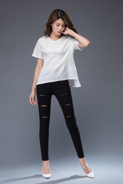 White top, linen top, summer shirt, womens blouse, asymmetrical tops, short shirt, casual top, v neck top, white tee, handmade top C948