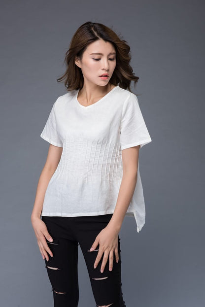 White top, linen top, summer shirt, womens blouse, asymmetrical tops, short shirt, casual top, v neck top, white tee, handmade top C948