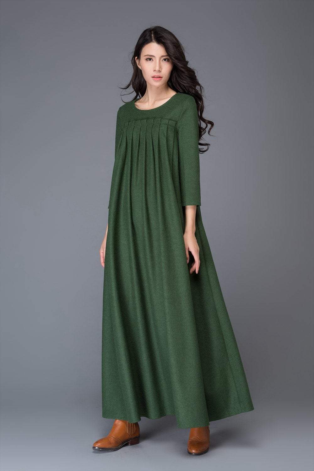 Green dress, Wool dress, winter dress, maxi dress, womens dress, pleated dress, green wool dress, maxi wool dress, womens wool dress C1013