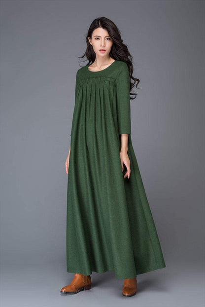Green dress, Wool dress, winter dress, maxi dress, womens dress, pleated dress, green wool dress, maxi wool dress, womens wool dress C1013