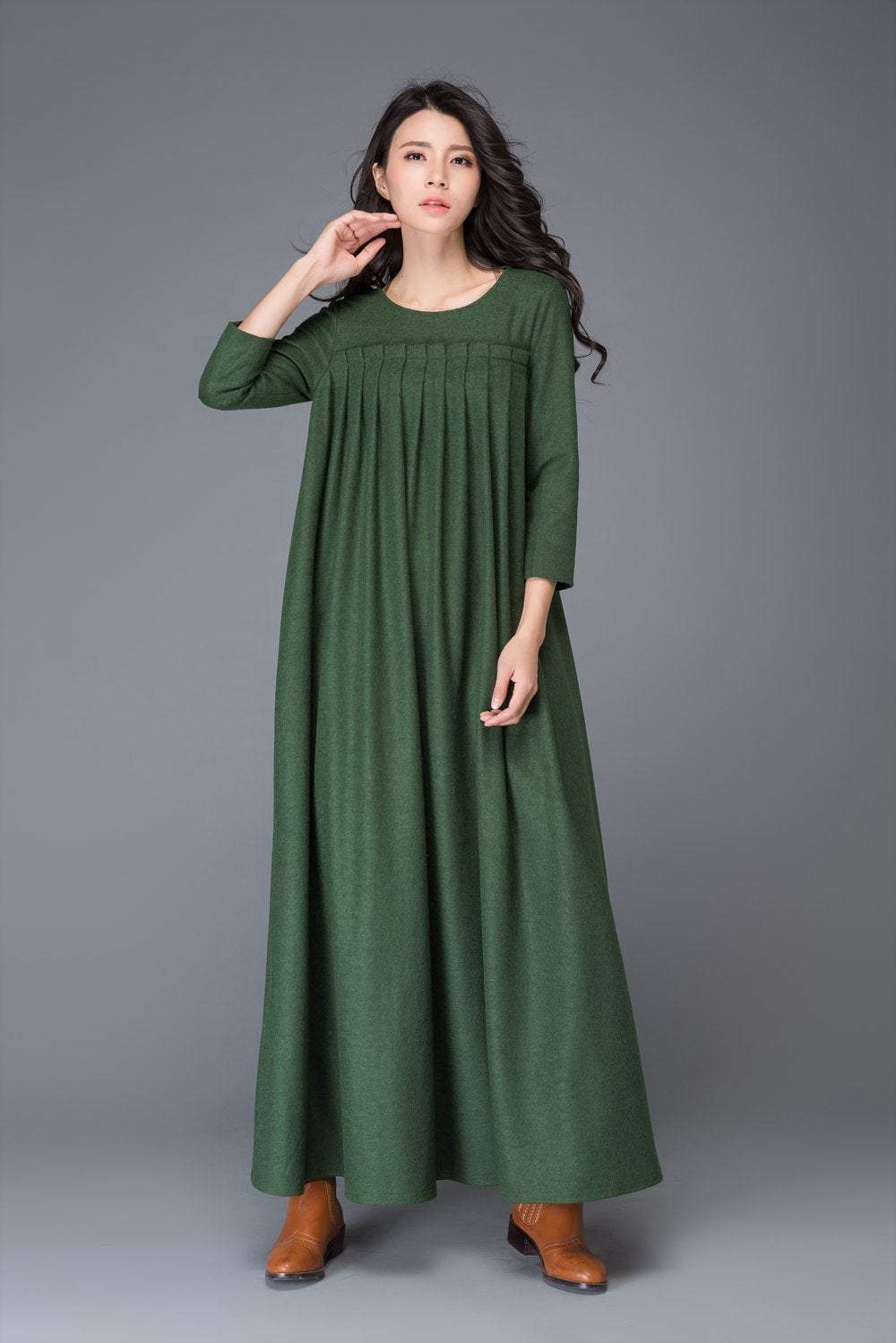 Green dress, Wool dress, winter dress, maxi dress, womens dress, pleated dress, green wool dress, maxi wool dress, womens wool dress C1013