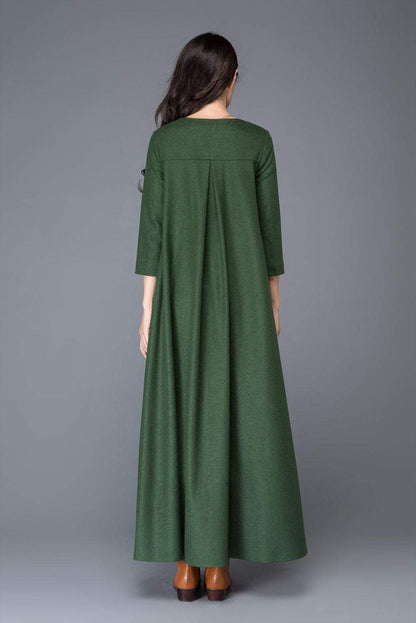 Green dress, Wool dress, winter dress, maxi dress, womens dress, pleated dress, green wool dress, maxi wool dress, womens wool dress C1013