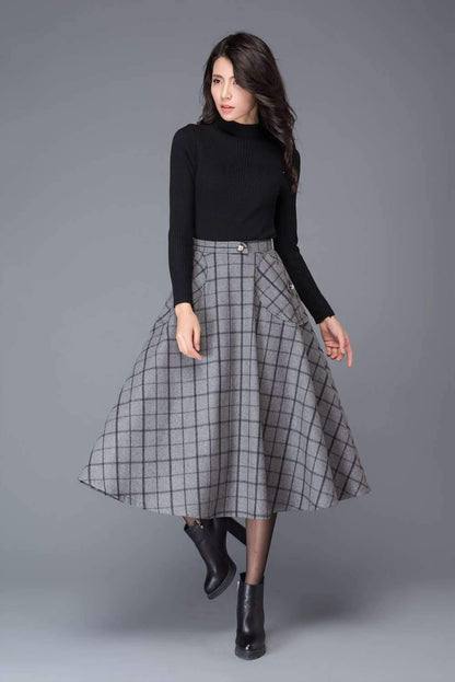 plaid skirt, Gray Skirts, wool skirt, midi skirt, womens skirts, skirt with pockets, winter skirt, plaid wool skirt, wool plaid skirt  C1005