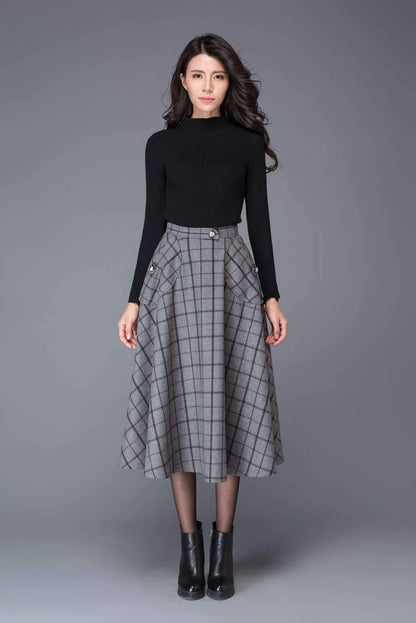 plaid skirt, Gray Skirts, wool skirt, midi skirt, womens skirts, skirt with pockets, winter skirt, plaid wool skirt, wool plaid skirt  C1005