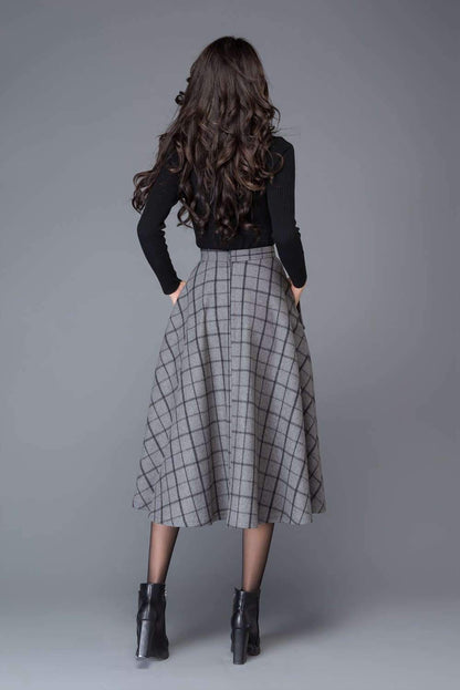 plaid skirt, Gray Skirts, wool skirt, midi skirt, womens skirts, skirt with pockets, winter skirt, plaid wool skirt, wool plaid skirt  C1005