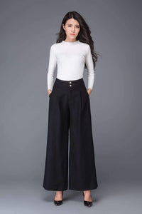 Long black winter wool pants with pockets C1014