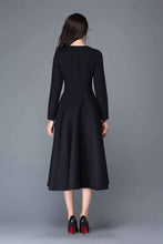 Load image into Gallery viewer, Wool dress, winter dress, black dress, long wool dress, V neck dress, midi wool dress, womens dress, black wool dress, fit dress C1027
