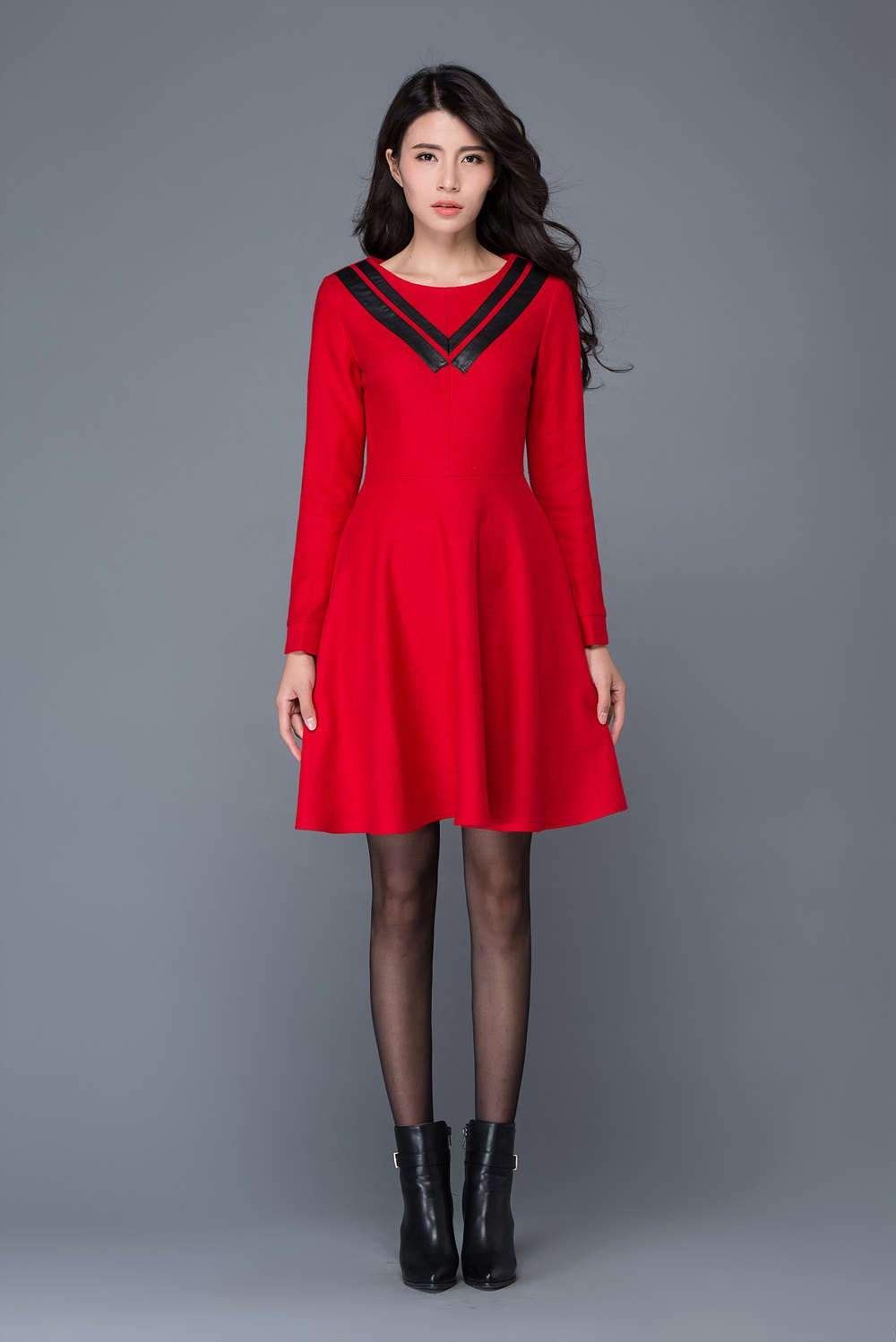 red wool dress long sleeve Winter Wool Dress, Wine Red Wool Dress, Long Sleeves Dress, Fit and Flare Dress, Elegant Dress, Womens Dresses, Made to Order L0442