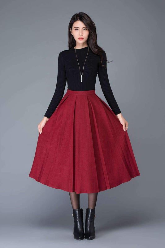 High waist A Line Pleated wool skirt in red C1032