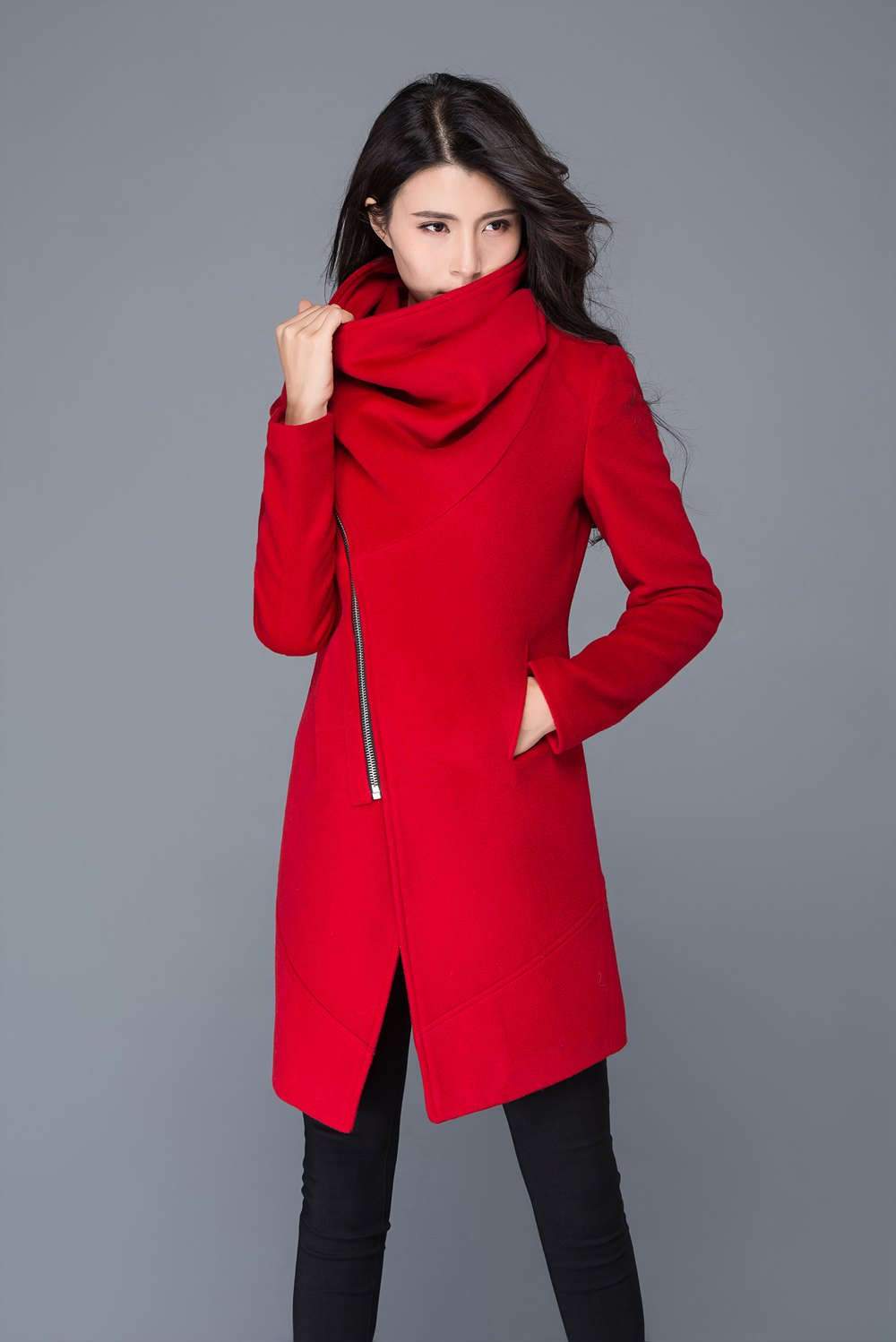 Red Coat, Asymmetrical coat, cowl neck jacket, coats, wool coat