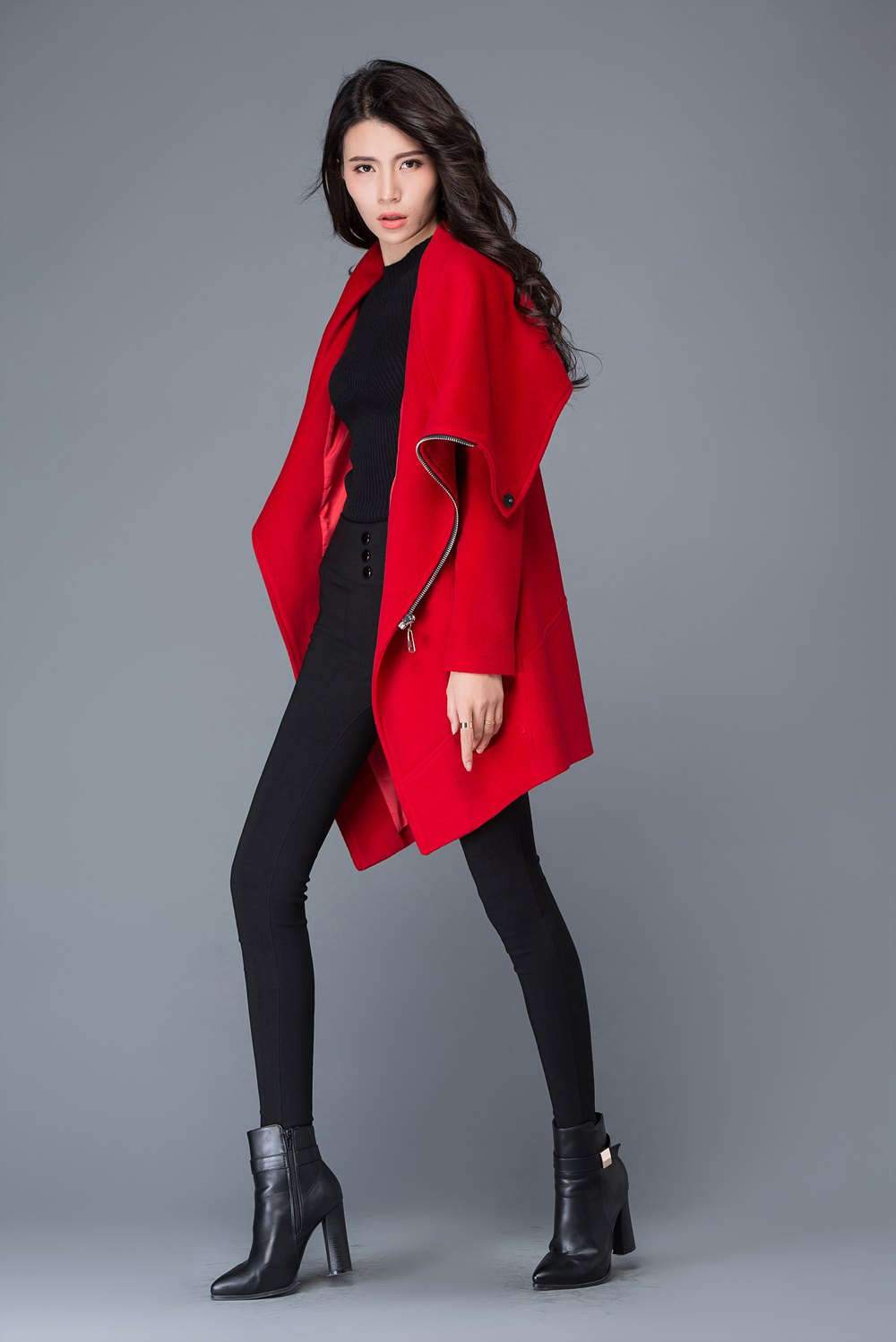 Red Coat, Asymmetrical coat, cowl neck jacket, coats, wool coat, wollmantel, women wool coat, wool jacket asymmetriccal, winter coat C1025