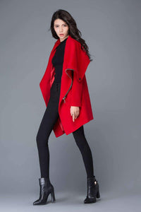 Women Red Asymmetrical Wool Coat C1025#