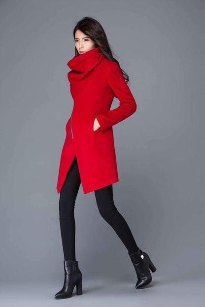 Red Coat, Asymmetrical coat, cowl neck jacket, coats, wool coat, wollmantel, women wool coat, wool jacket asymmetriccal, winter coat C1025