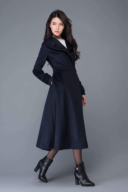 navy blue Midi wool swing coat C1021
