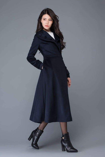 Long Navy Blue Wool Coat C1021#