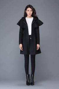 black coat, Wool coat, womens coats, winter coat, black wool coat, hooded cloak, hoody coat, wool coat women, vintage wool coat C1023