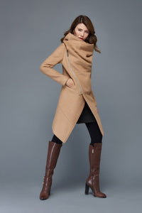 Brown Asymmetrical winter wool coat women C959