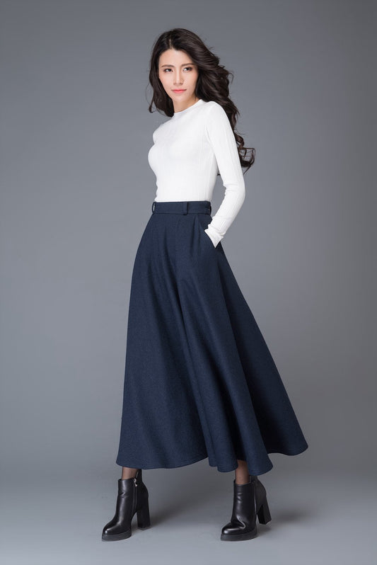 high waist A line wool maxi skirt C1006