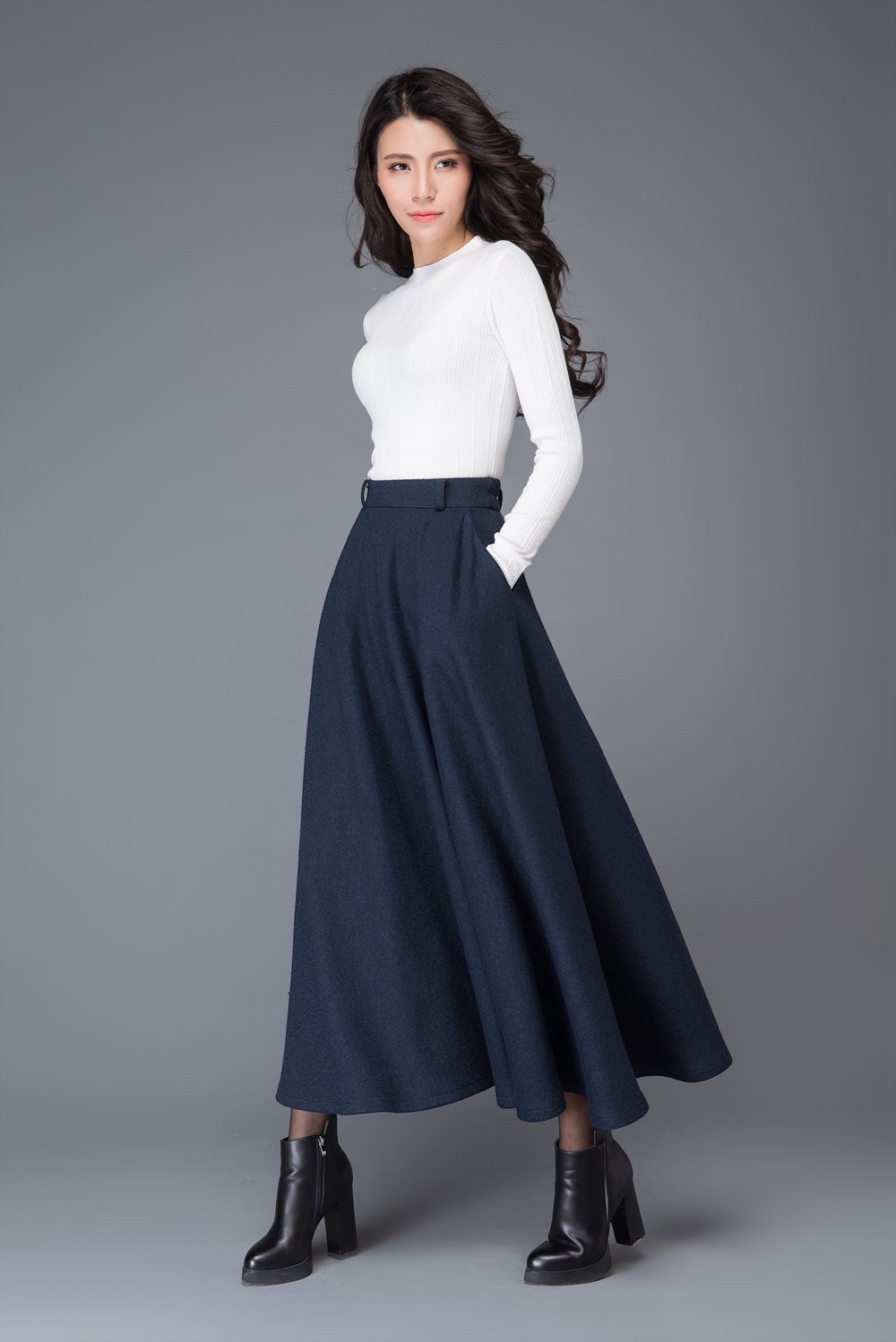 high waist A line wool maxi skirt C1006