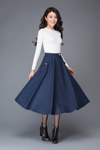 Blue wool skirt, winter skirt, pocket skirt, midi skirt, blue skirt, womens skirts, high waist skirt, vintage skirts, custom skirt C1007