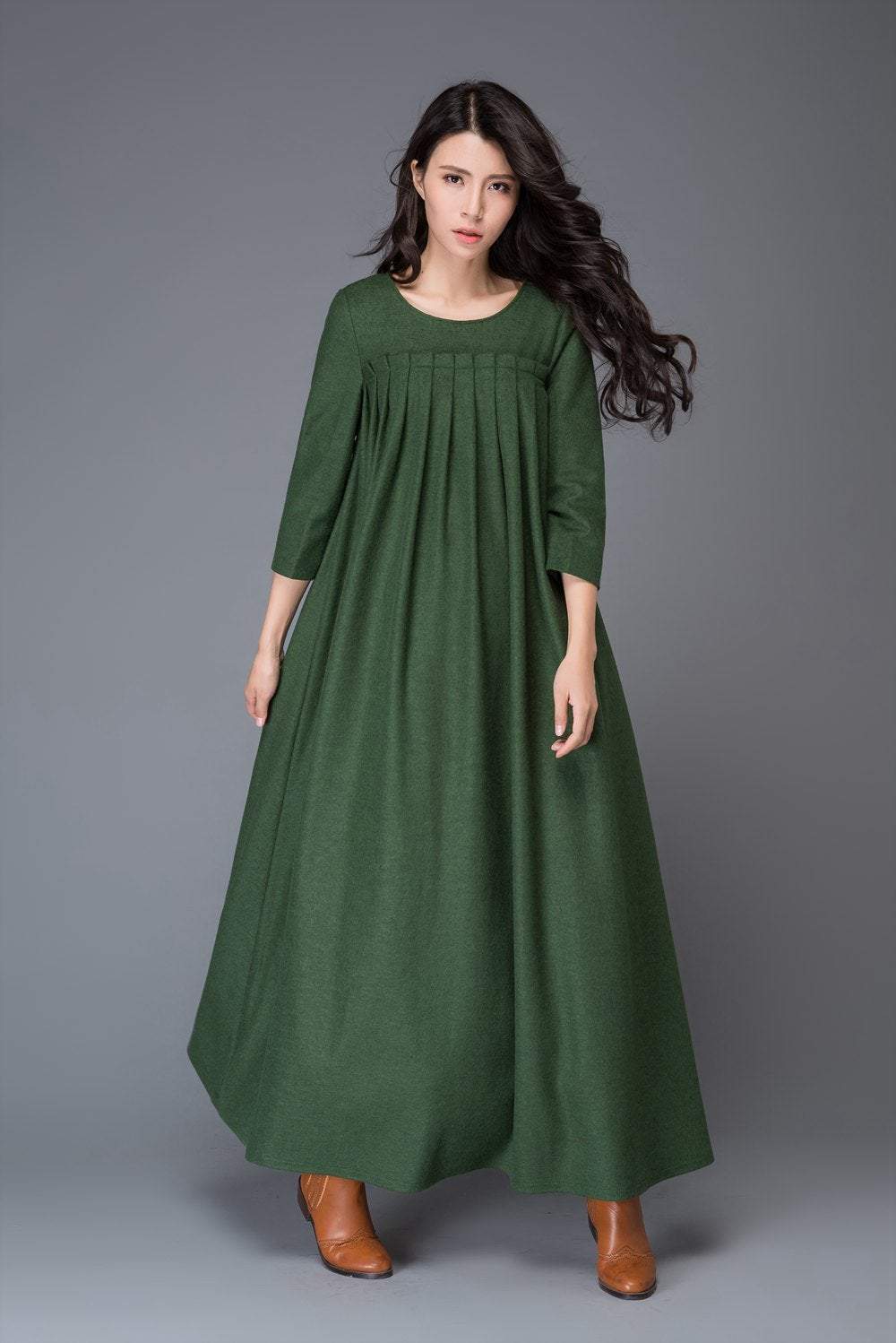 Green dress, Wool dress, winter dress, maxi dress, womens dress, pleated dress, green wool dress, maxi wool dress, womens wool dress C1013