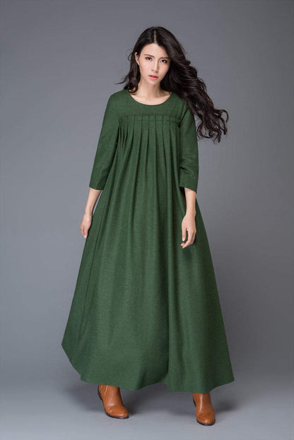 Green dress, Wool dress, winter dress, maxi dress, womens dress, pleated dress, green wool dress, maxi wool dress, womens wool dress C1013