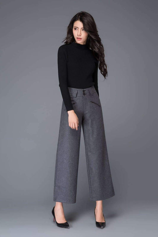 Wide leg pants, Wool pants, womens pants, grey pants C1002