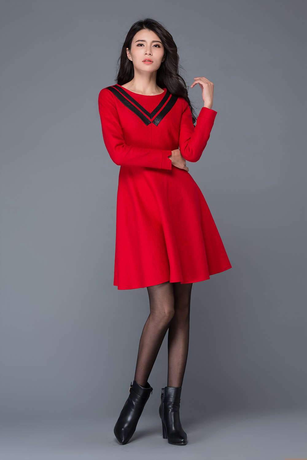 Red wool dress, Womens dresses for winter, girls dresses, winter dress, mini dress, warm winter dress, black PU collar dress C1030