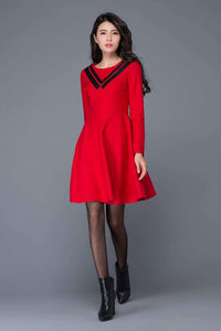 Red wool dress, Womens dresses for winter, girls dresses, winter dress, mini dress, warm winter dress, black PU collar dress C1030
