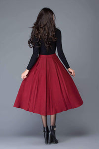 High waist A Line Pleated wool skirt in red C1032