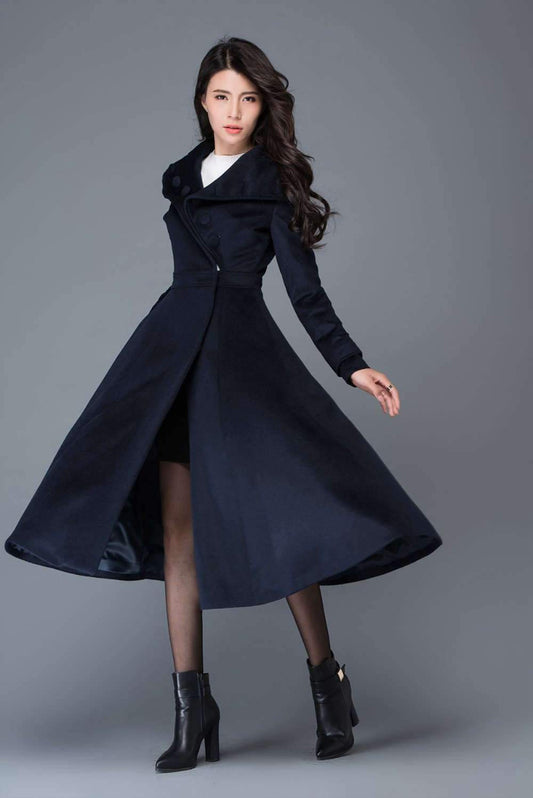 Long Navy Blue Wool Coat C1021