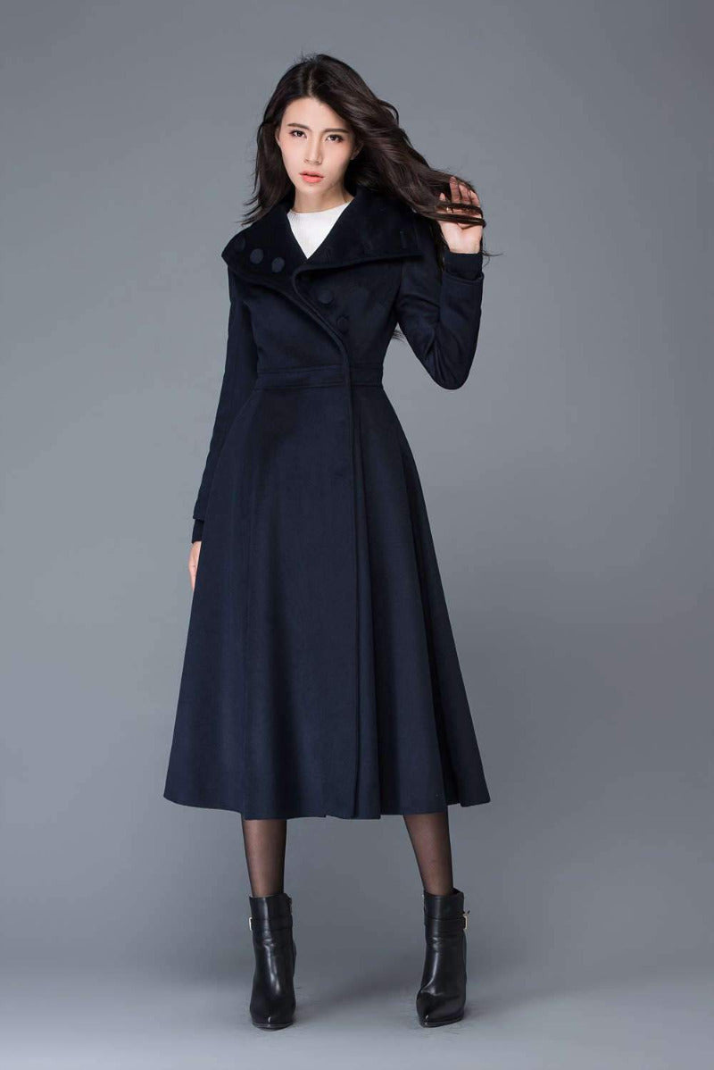Long Navy Blue Wool Coat C1021#