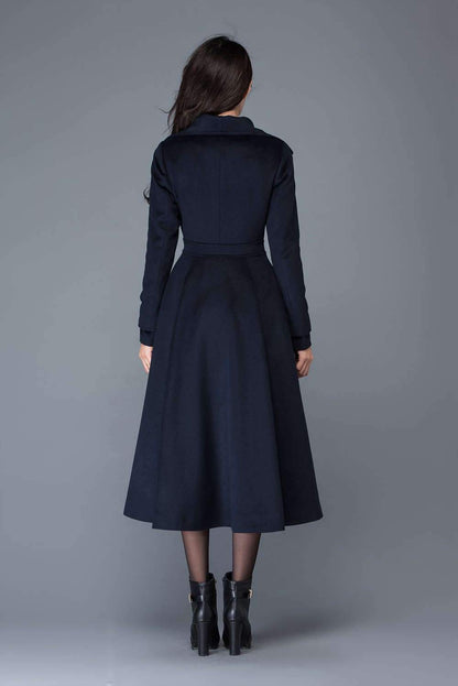 navy blue Midi wool swing coat C1021