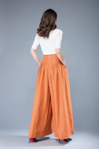 Wide leg linen pants, linen pants, womens pants, orange linen pants, pockets pants, long linen pants, pleated linen pants C1042