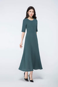 dark green dress, linen maxi dress, maxi dress with sleeves, linen dress, linen dress pattern, womens dresses, made to order dress  C1062