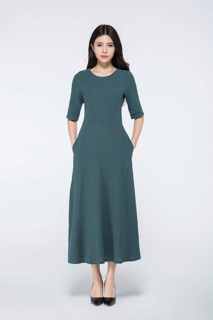 dark green dress, linen maxi dress, maxi dress with sleeves, linen dress, linen dress pattern, womens dresses, made to order dress  C1062