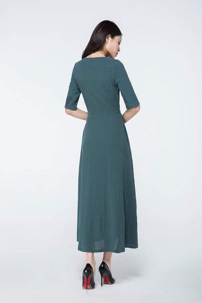 dark green dress, linen maxi dress, maxi dress with sleeves, linen dress, linen dress pattern, womens dresses, made to order dress  C1062