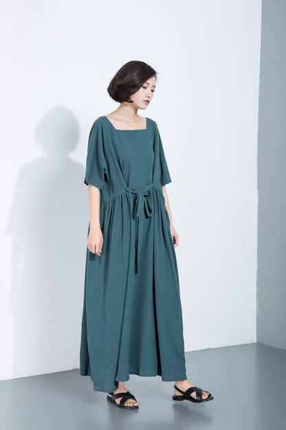 Green linen dress, loose linen dress, long linen dress, maxi linen dress, full length dress, drawstring dress, Plus size dress C1111